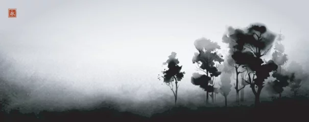 Abwaschbare Fototapete Minimalist landscape with black trees. Traditional Japanese ink wash painting sumi-e. Translation of hieroglyph - eternity © elinacious