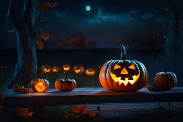 Halloween Full moonlight and haunted pumpkins on wooden table. Halloween concept. Generative AI