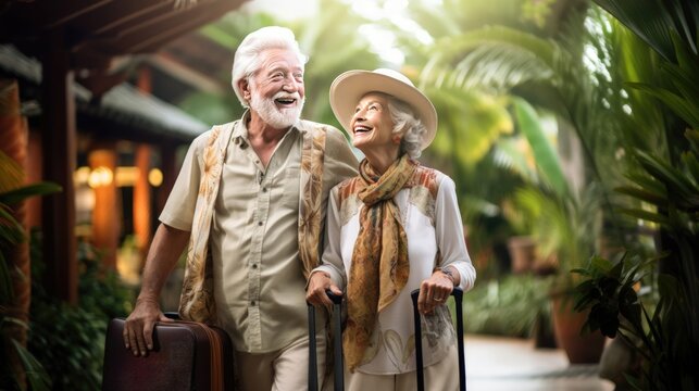 Tropical paradise: a delighted senior couple, captivated by the beauty of a tropical resort. Generative ai.