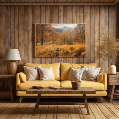 A wooden table and a beige sofa in a cozy cabin 
