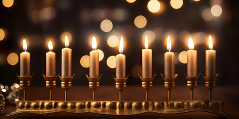 Golden  menorah with burning candles against dark background and blurred festive lights Festive Hanukkah Menorah Aglow in Darkness AI Generative 