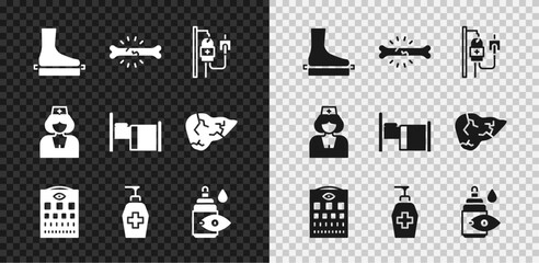 Set Flat foot, Bone pain, IV bag, Eye test chart, Liquid antibacterial soap, drop bottle, Nurse and Hospital bed icon. Vector