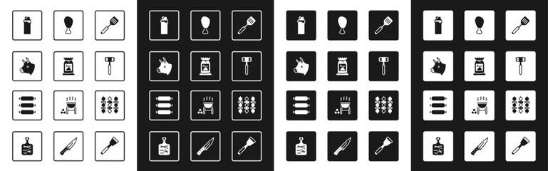Set Spatula, Barbecue coal bag, Cow head, Lighter, Kitchen hammer, Chicken leg, Grilled shish kebab and Sausage icon. Vector - obrazy, fototapety, plakaty