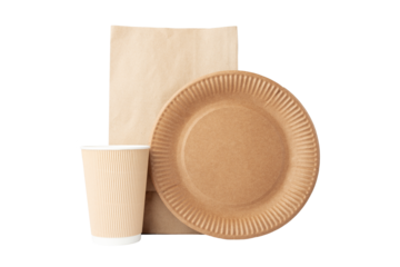 Disposable wooden cutlery set for takeaway meals isolated, zero waste tableware, biodegradable ecological organic cardboard plate, with hot drink cup and craft lunch bag,environmental protection