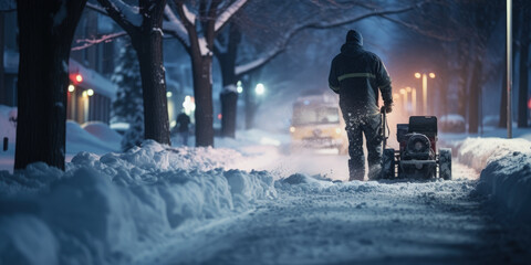 Winter blizzard. Clearing snow on city streets after a snowfall. - obrazy, fototapety, plakaty