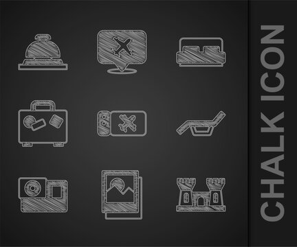 Set Airline ticket, Photo, Sand castle, Sunbed umbrella, Action camera, Suitcase, Hotel room and service bell icon. Vector