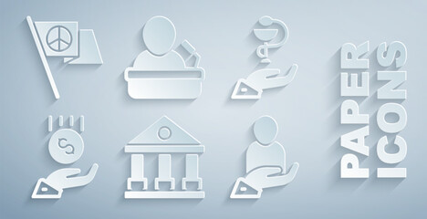 Set Courthouse building, Caduceus snake medical, Coins on hand - minimal wage, Life insurance, Speaker and Peace icon. Vector