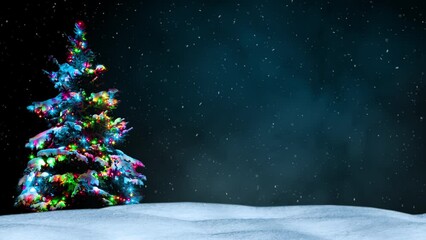 Snow-covered Christmas tree with colorful lights  in a snowy winter landscape. Loop - Powered by Adobe