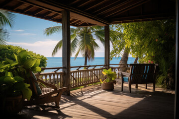 Ocean view from the terrace. Paradise landscape from a bungalow - obrazy, fototapety, plakaty