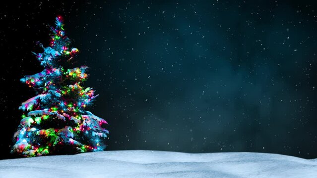 Snow-covered Christmas tree with colorful lights  in a snowy winter landscape. Loop