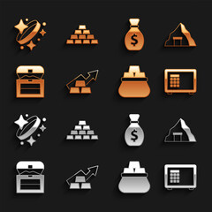Set Growth arrow with gold bars, Gold mine, Safe, Bag of, Antique treasure chest, Old money bag, ring and icon. Vector