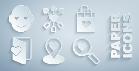 Set Location with heart, Shopping bag, Valentines day flyer, Search and love, Amour arrow and Romantic man icon. Vector