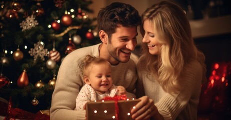 Obraz na płótnie Canvas Family in Christmas sweaters illuminated by warm side light.