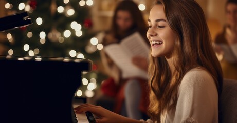 a teenager playing Christmas carols on a grand piano, family gathered around singing
