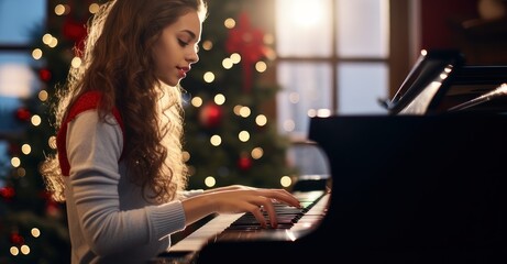 a teenager playing Christmas carols on a grand piano