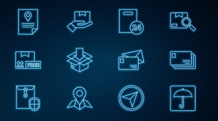 Set line Umbrella, Envelope, Delivery with cardboard boxes, Cardboard traffic symbol, free, Document tracking marker system, and hand icon. Vector