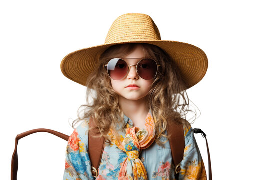 Portrait of Girl Traveling with Hat and Sunglasses, Transparent Background.