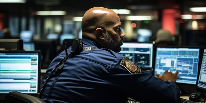 Rapid Response: Police Officer in Action at a 911 Call Center