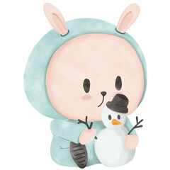 Cartoon cute rabbit and snowman in watercolor style