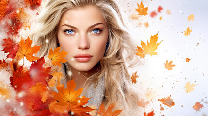 Naklejka na ściany i meble autumn woman close-up portrait . Beautiful eyes.