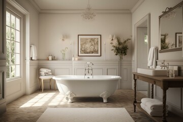 A serene bathroom showcasing a classic tub. Generative AI