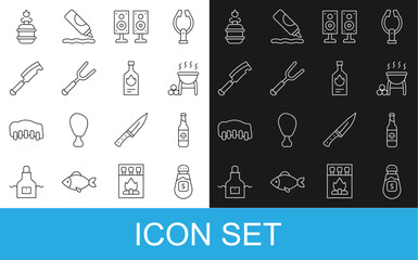 Set line Salt, Beer bottle, Barbecue grill, Stereo speaker, fork, Meat chopper, Camping gas stove and Tabasco sauce icon. Vector
