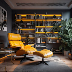  A condo with a yellow recliner and yellow shelves 
