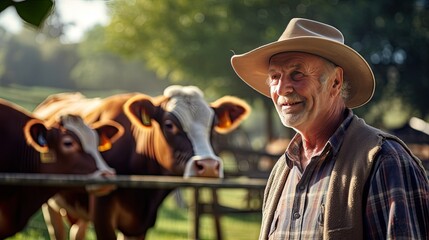 Mature male farmer smiles proudly into camera at his work on a rural farm with cows.