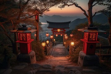 Old Japanese shrine atop mountain with red gates at dusk, lanterns pathway. Generative AI