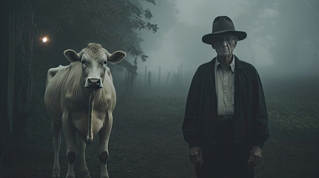 Mature male farmer smiles proudly into camera at his work on a rural farm with cows.