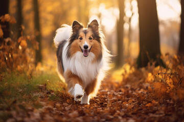 Active Sheltie dog enjoying a stroll in a beautiful park - a captivating stock photo capturing the energy and liveliness of the breed amidst the scenic surroundings, aesthetic look