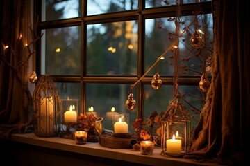 Warm and soothing autumn or winter window decor with candles to create a cozy ambiance. Generative AI