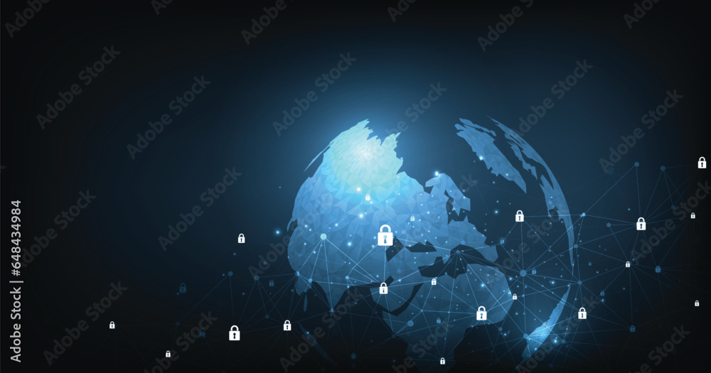 Poster global cyber security connection concept. world map point and line composition concept of the global