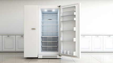 White classic fridge with open door and empty inside
