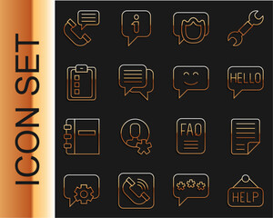 Set line Signboard with text Help, File document, Hello in different languages, Speech bubble chat, Online quiz, test, survey, Telephone conversation and Smile face icon. Vector