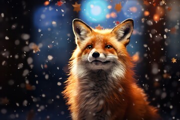 Fototapeta premium Red fox on a background of blue bokeh. christmas or New Year card.