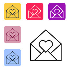 Black line Envelope with Valentine heart icon isolated on white background. Message love. Letter love and romance. Set icons in color square buttons. Vector