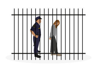 Policeman and female character in handcuffs behind bars on a white background