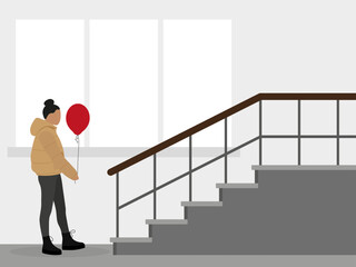 Female character in a jacket and with a balloon in her hand goes to the stairs