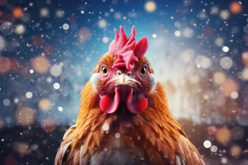 Fotobehang Chicken or rooster on a background of a bokeh christmas winter landscape with snowflakes for National Poultry Day © annne