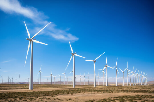 A wide-angle view of a massive wind farm, depicting rows of wind turbines against the backdrop of a clear blue sky, symbolizing clean energy production, aesthetic look