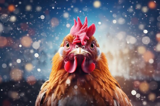 Chicken or rooster on a background of a bokeh christmas winter landscape with snowflakes for National Poultry Day