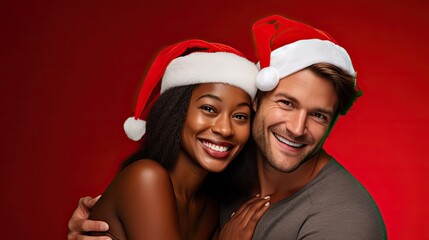 Happy couple with red christmas hat.