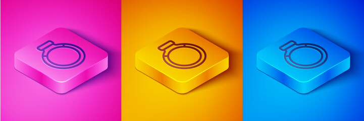 Isometric line Gold ring icon isolated on pink and orange, blue background. Square button. Vector