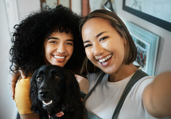 Happy, selfie and portrait of lesbian couple with dog in modern apartment bonding together. Love,...