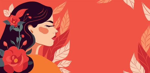 Vector greeting card banner and posters for the spring holiday. Happy Women's Day March 8th! Vector illustration. Girl with flowers, flowers in the hair of a beautiful woman. Beauty, spring freedom
