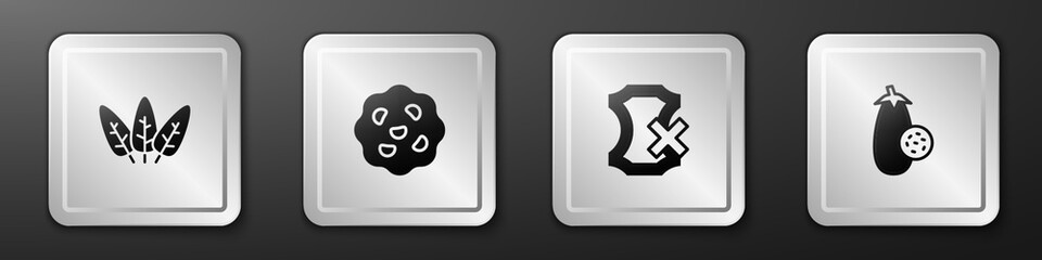 Set Leaf, Cookie or biscuit, No leather and Eggplant icon. Silver square button. Vector