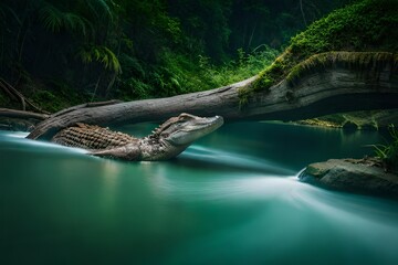 waterfall and alligator l in the forest - obrazy, fototapety, plakaty