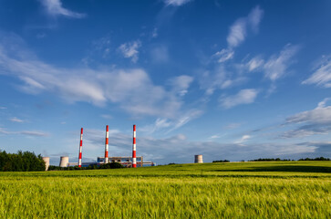 power plant field sky summer energy pipes gas clouds