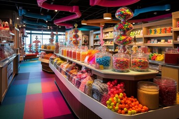 Vivid candy store decor adorned with various colorful treats captivates customers. Generative AI